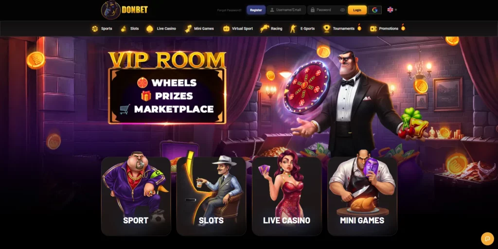 DonBet casino and sportsbook interface with mafia-themed design