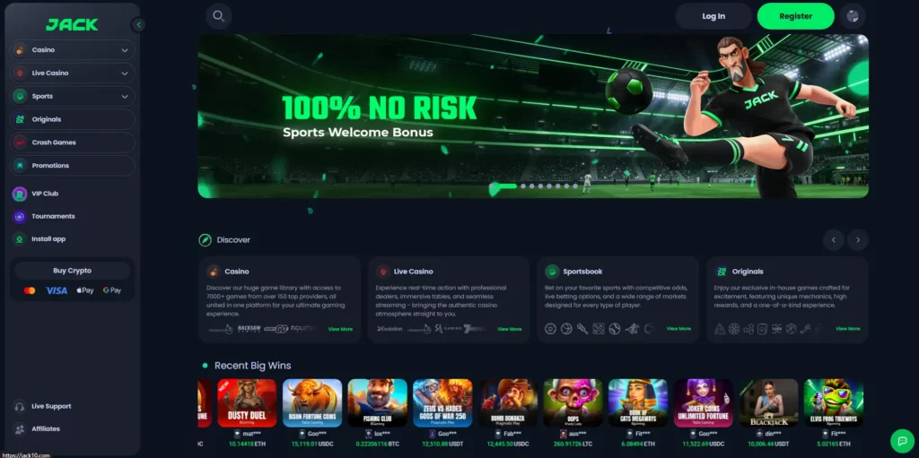 JACK casino interface showing game lobby and sportsbook navigation