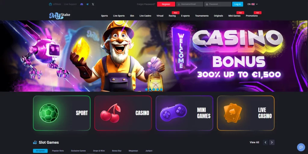 MyStake casino platform interface showing lobby and navigation